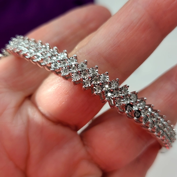 Diamond (Genuine) Sterling Silver Bangle Bracelet - Picture 9 of 17